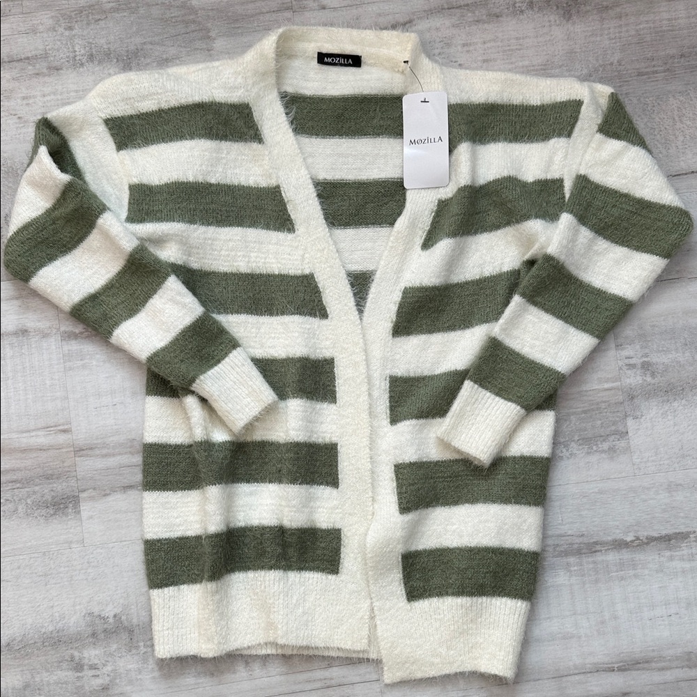 Women's Striped Cardigan Sweater - Green and Cream